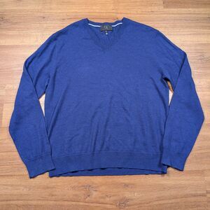 QI New York V-Neck Pullover Sweater Men Sz XXL Blue 100% Wool Preppy Old Money